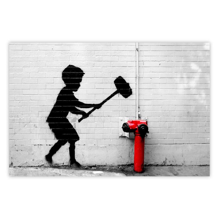 Destroy the Hydrant - mural of a black boy with a large hammer on the wall