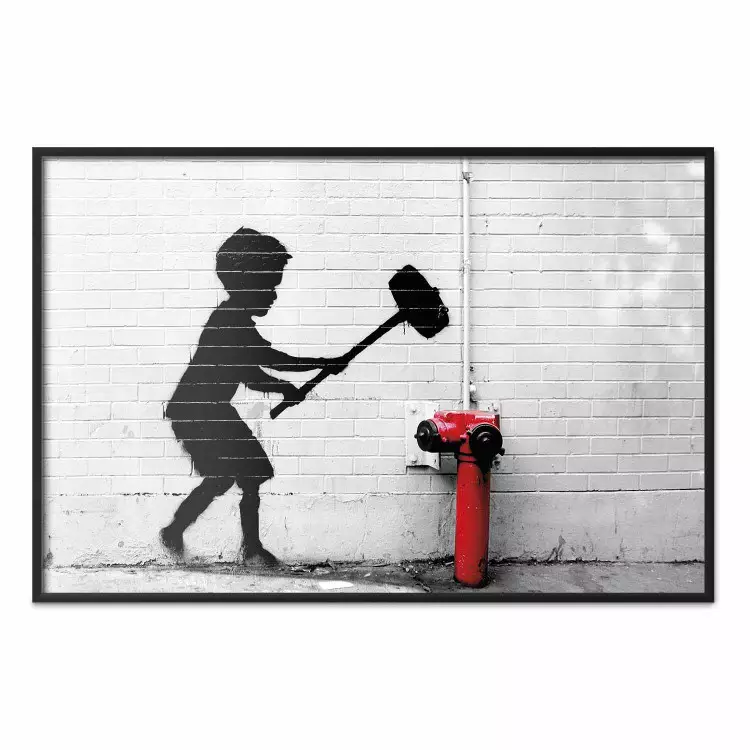 Destroy the Hydrant - mural of a black boy with a large hammer on the wall