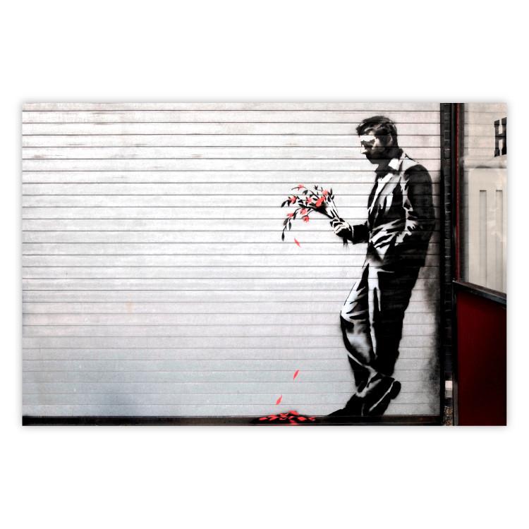 In Love - man with flowers against a white gate in Banksy style