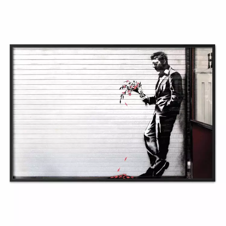 In Love - man with flowers against a white gate in Banksy style