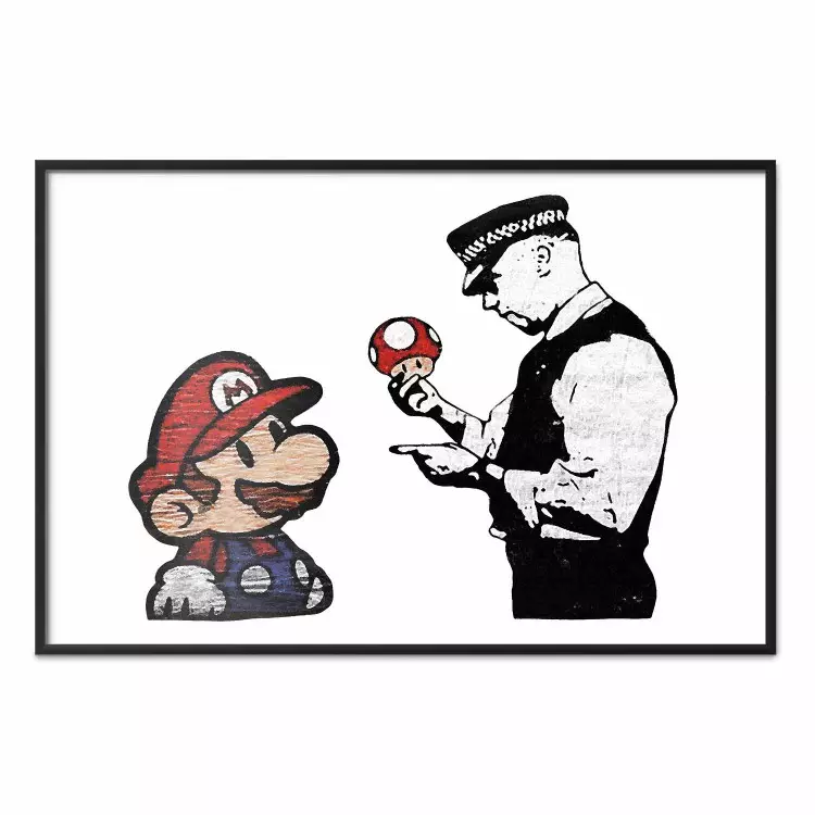Banksy: Mushroom Picker - colorful character and black policeman on a white background