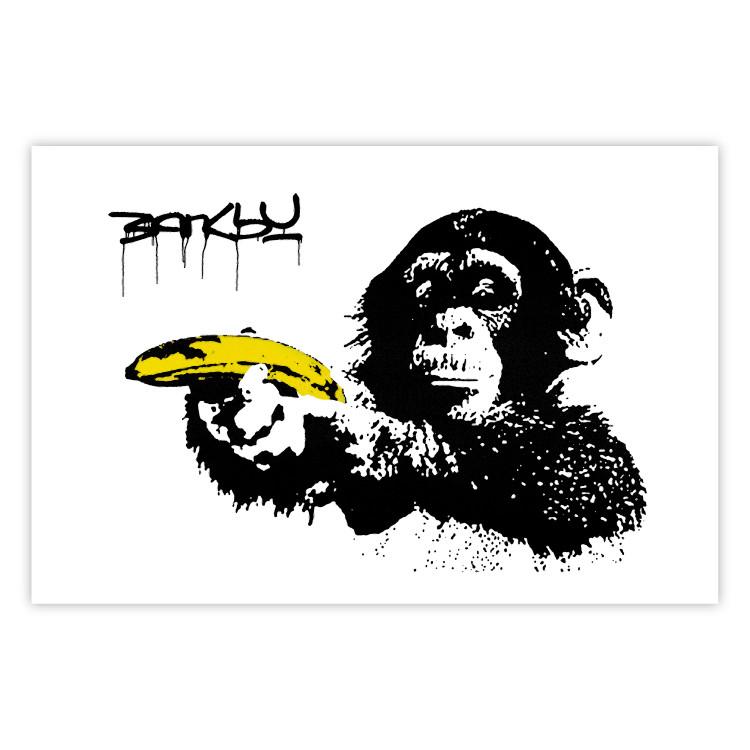 Banksy: Monkey with Banana - black animal with a yellow fruit on a white background