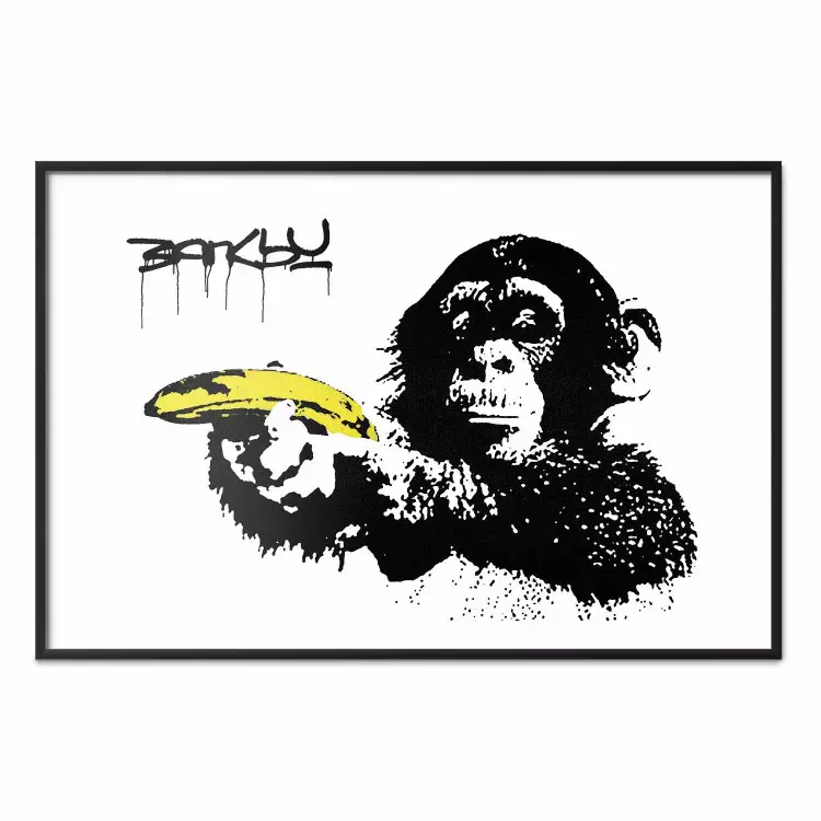 Banksy: Monkey with Banana - black animal with a yellow fruit on a white background