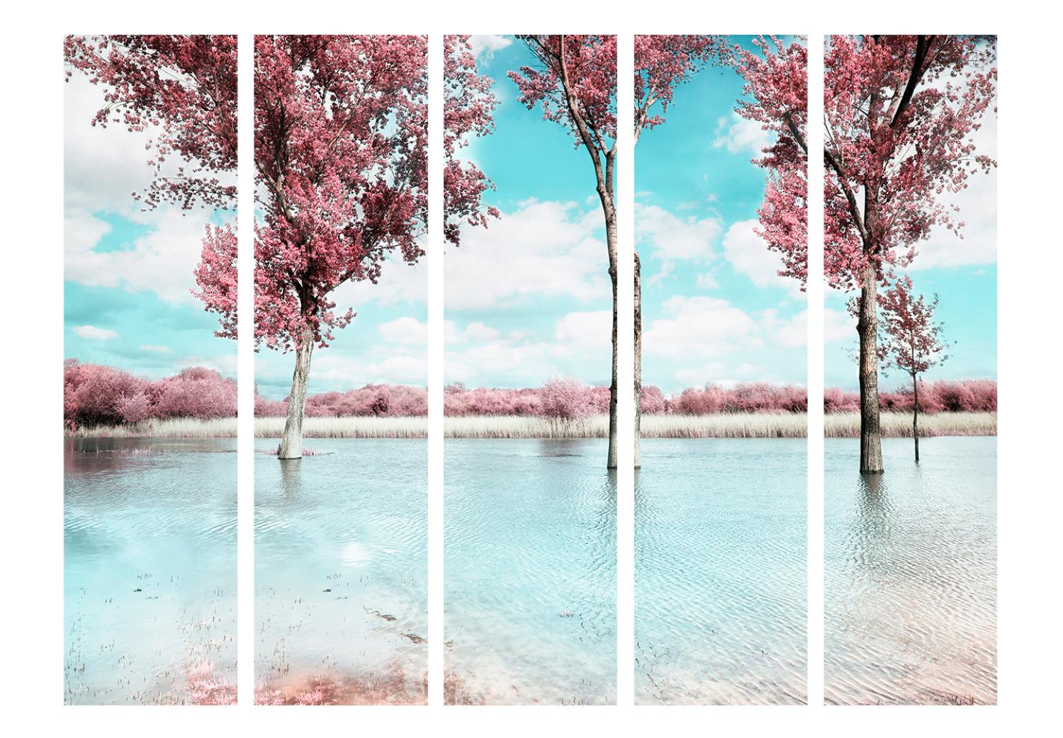 Room Divider Autumn Landscape II (5-piece) - pink trees amidst the lake