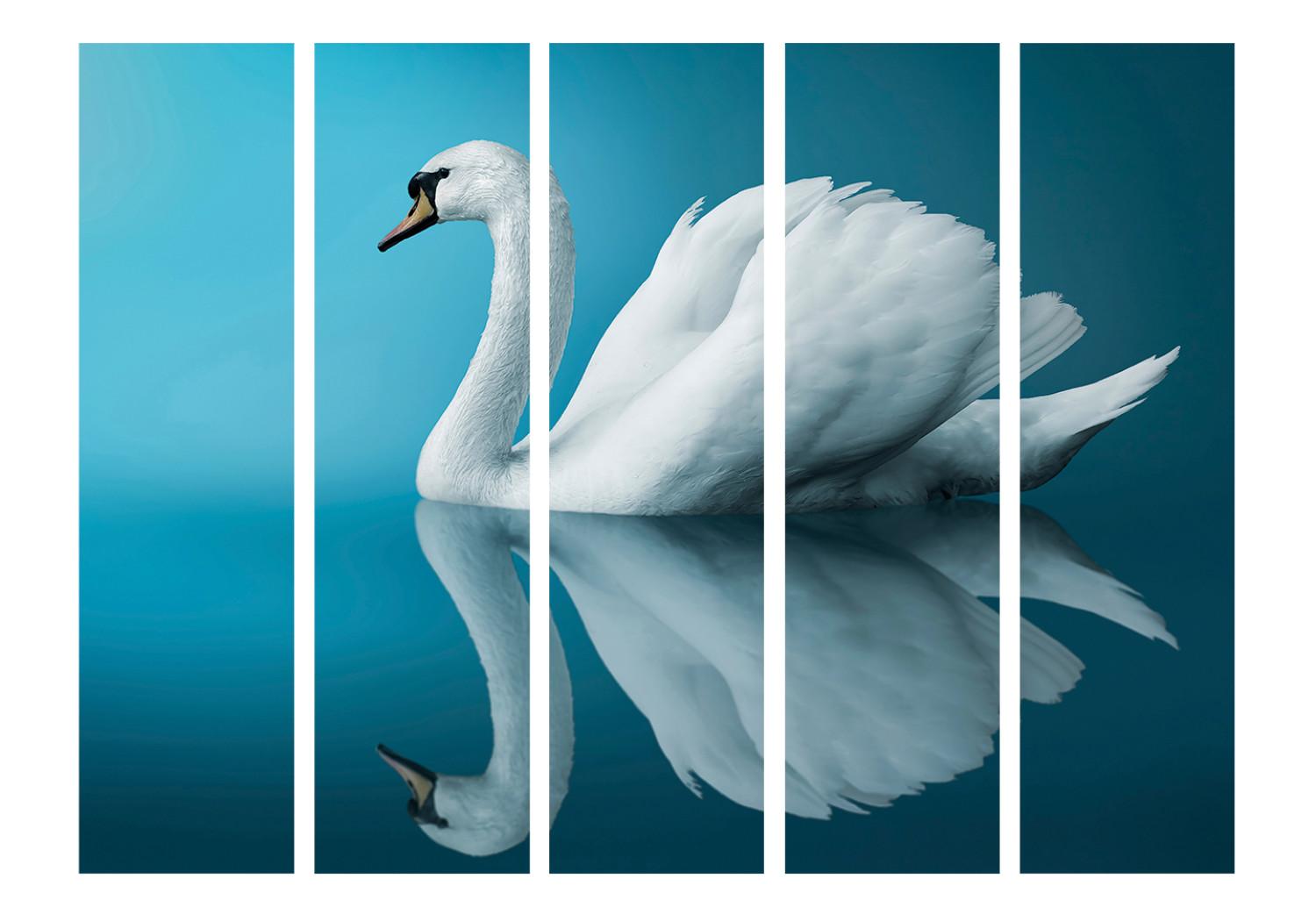 Room Divider Swan - Reflection II (5-piece) - white bird amidst blue water
