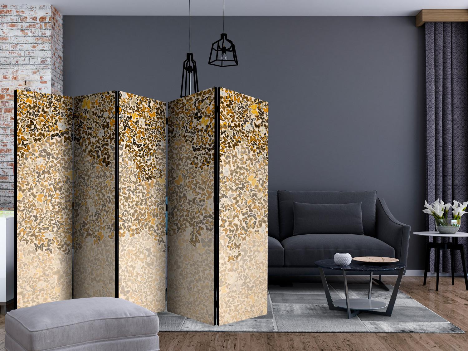 Room Divider Art and Butterflies II (5-piece) - pattern in shades of brown and beige