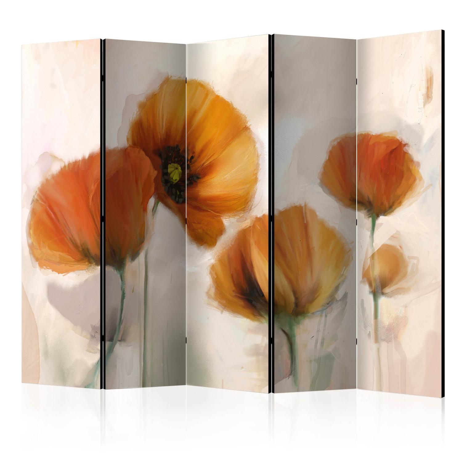 Room Divider Poppies - vintage II (5-piece) - wildflowers on a light pink background