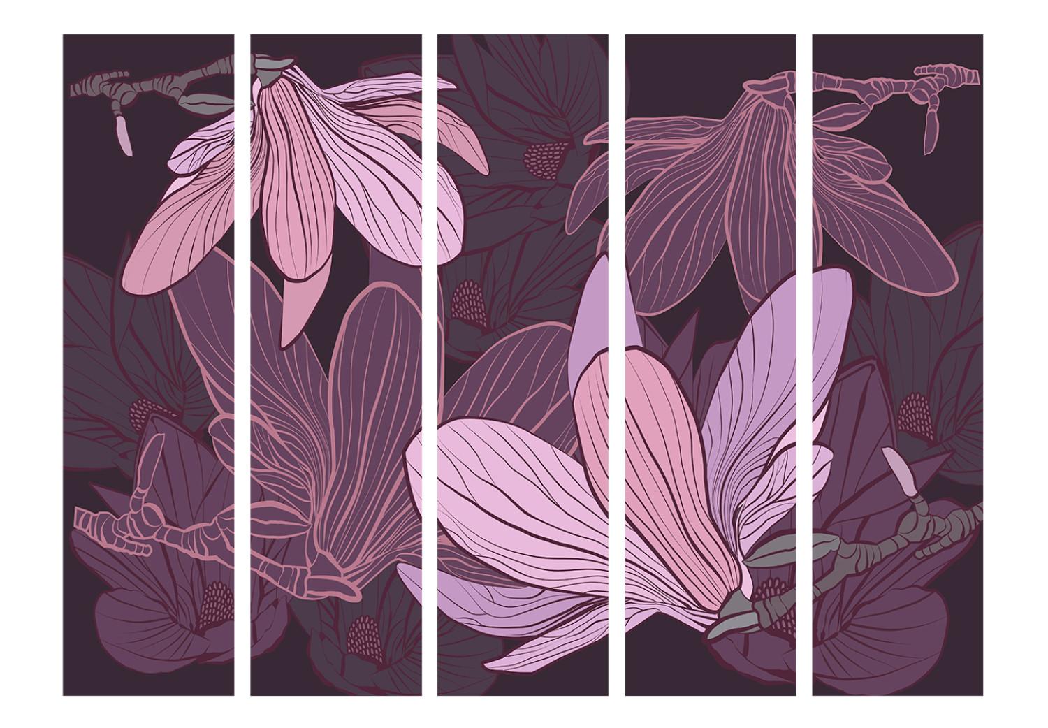 Room Divider Dreamy Flowers II (5-piece) - composition in purple magnolias