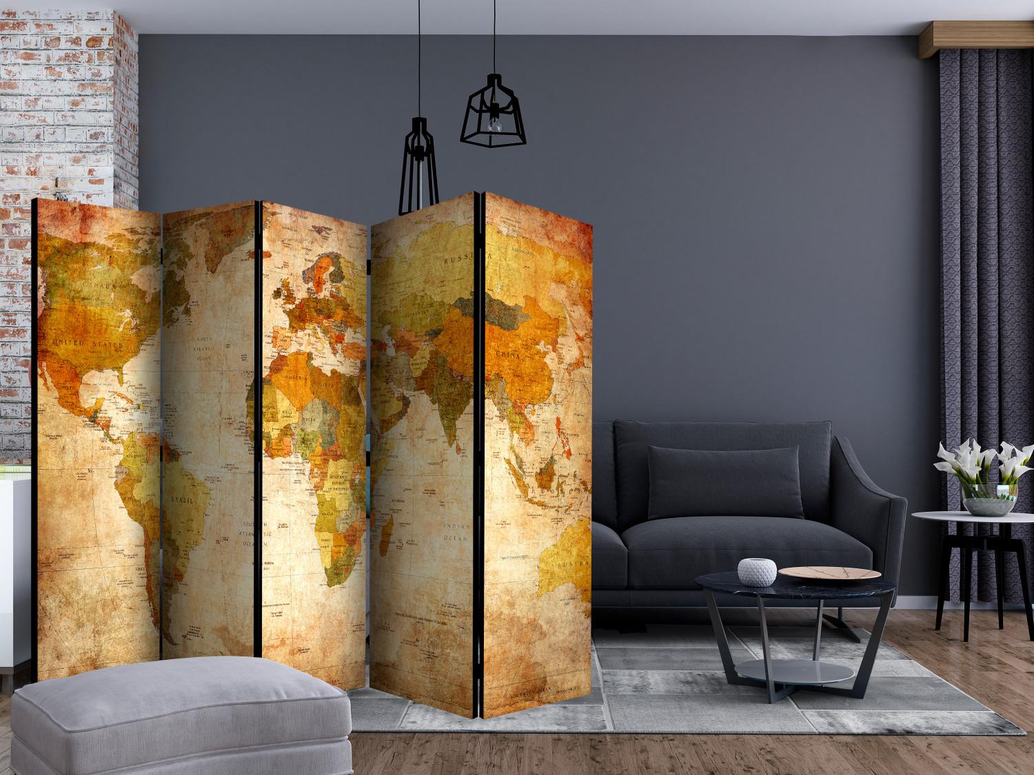 Room Divider In All Its Glory II (5-piece) - retro-styled world map