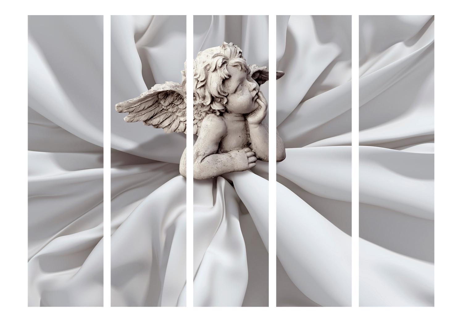 Room Divider Angelic Dream II (5-piece) - angel sculpture amid white fabric