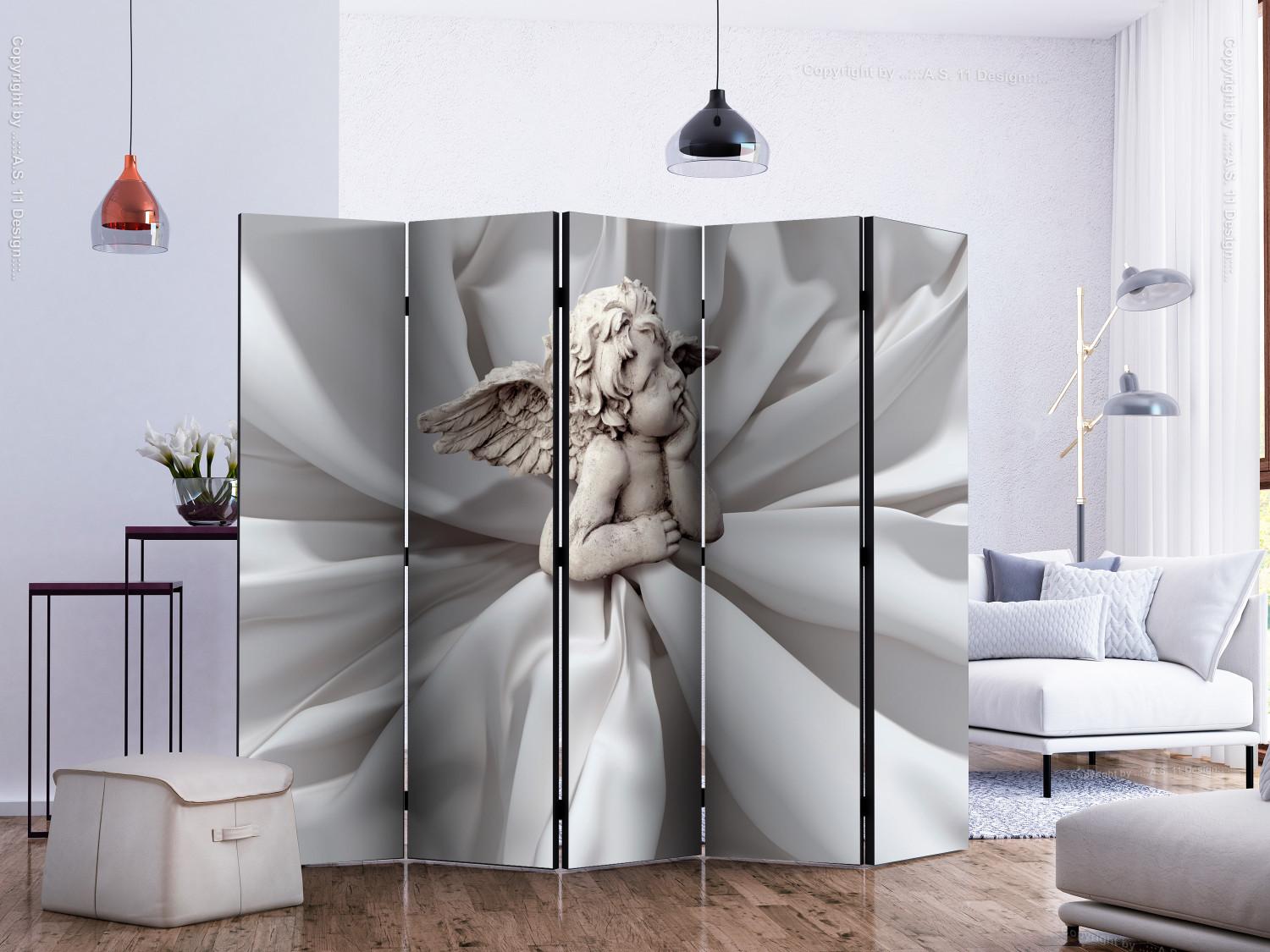 Room Divider Angelic Dream II (5-piece) - angel sculpture amid white fabric