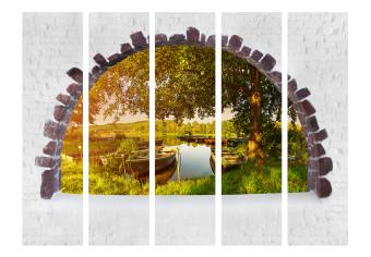 Room Divider Summer by the Lake II (5-piece) - view of boat landscape amidst trees
