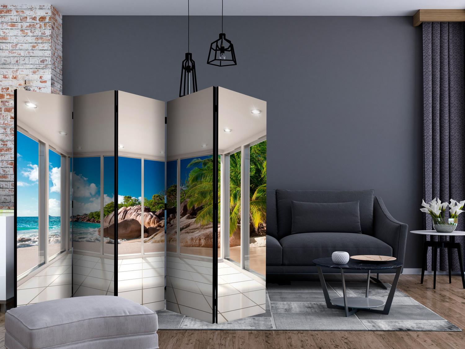 Room Divider Paradise Illusion II (5-piece) - view from window to beach and rocks in the background