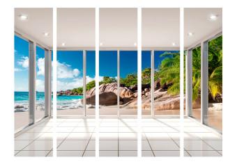 Room Divider Paradise Illusion II (5-piece) - view from window to beach and rocks in the background