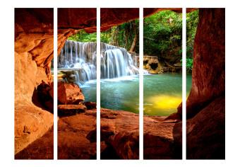Room Divider Cave: Forest Waterfall II (5-piece) - view from rocks to nature
