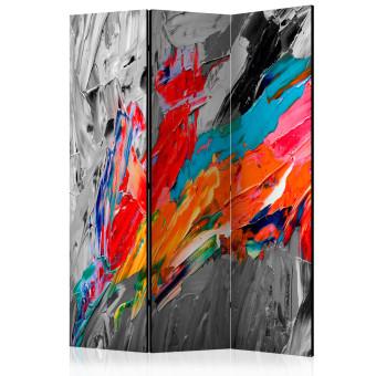 Room Divider Fiery Bird (3-piece) - joyful colorful abstraction on a gray background