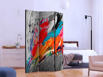 Room Divider Fiery Bird (3-piece) - joyful colorful abstraction on a gray background