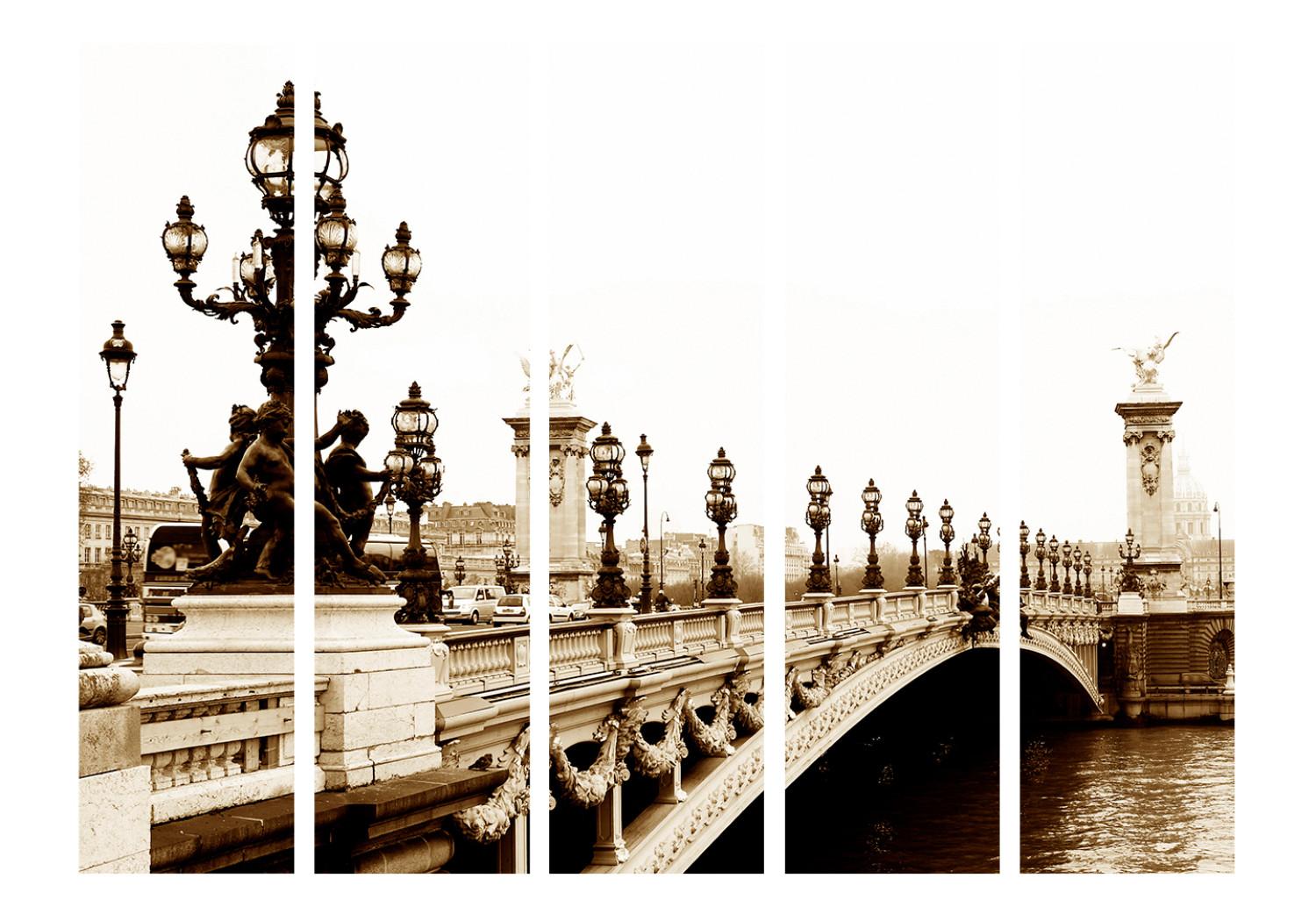 Room Divider Alexandre III Bridge in Paris II (5-piece) - sepia-toned architecture