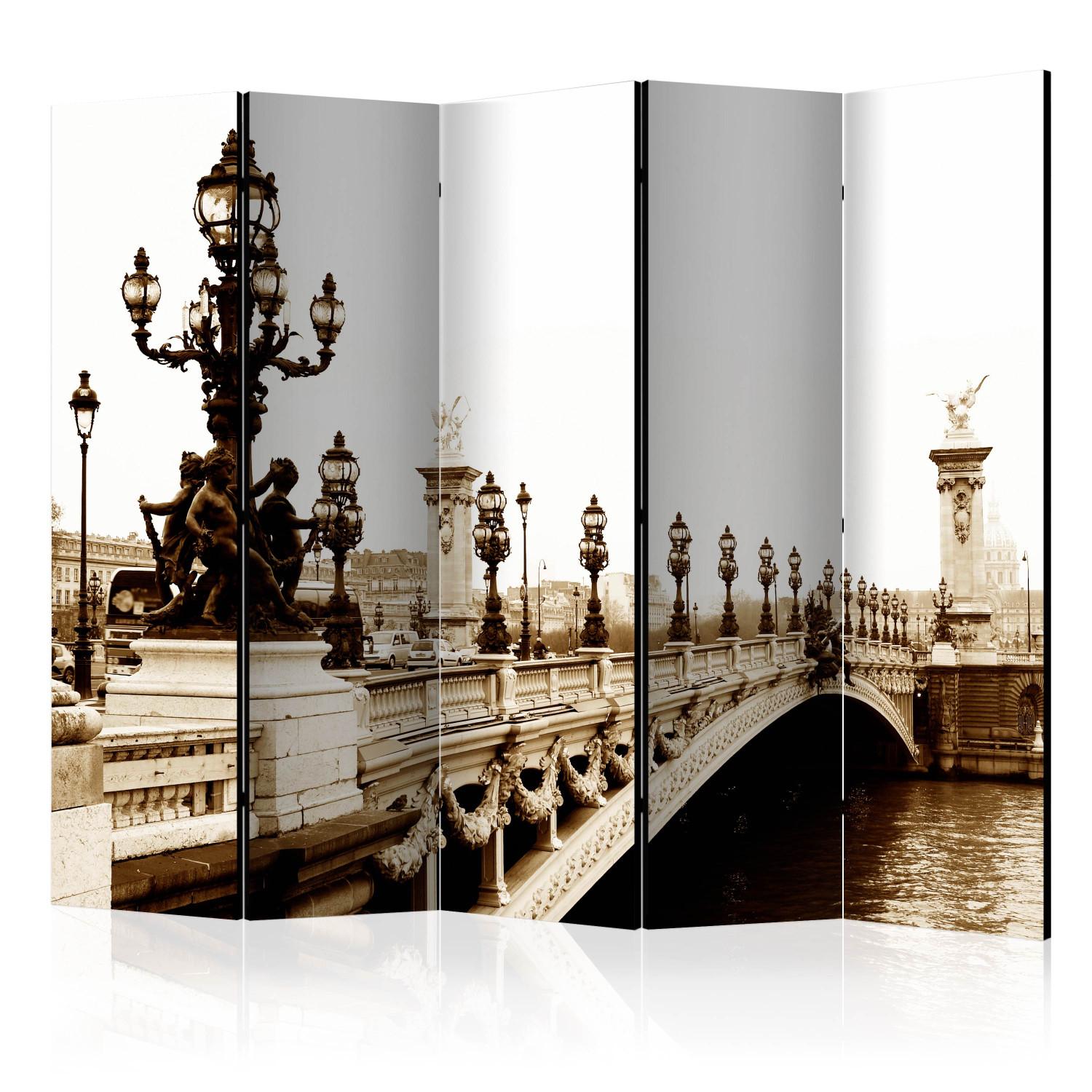 Room Divider Alexandre III Bridge in Paris II (5-piece) - sepia-toned architecture