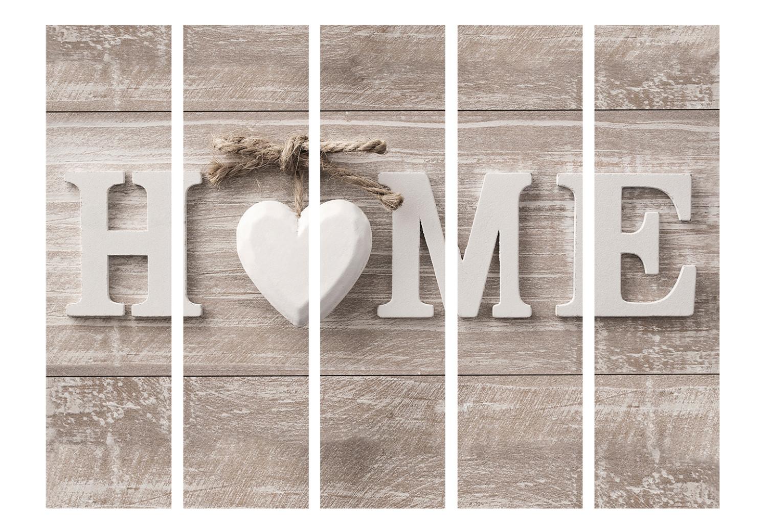 Room Divider Warmth of Home II (5-piece) - English text on a wooden background