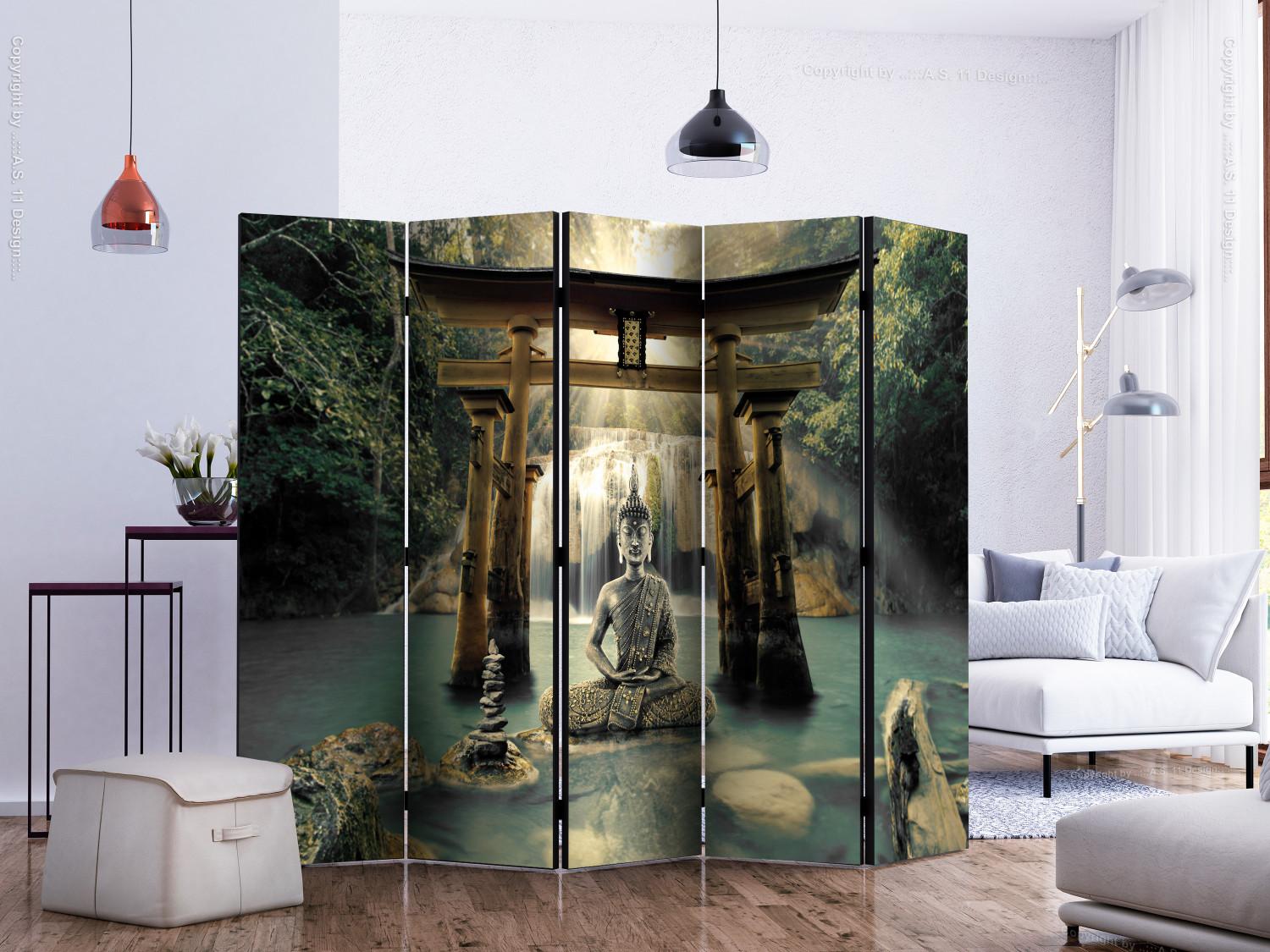 Room Divider Buddha's Smile II (5-piece) - statue against a waterfall in zen style