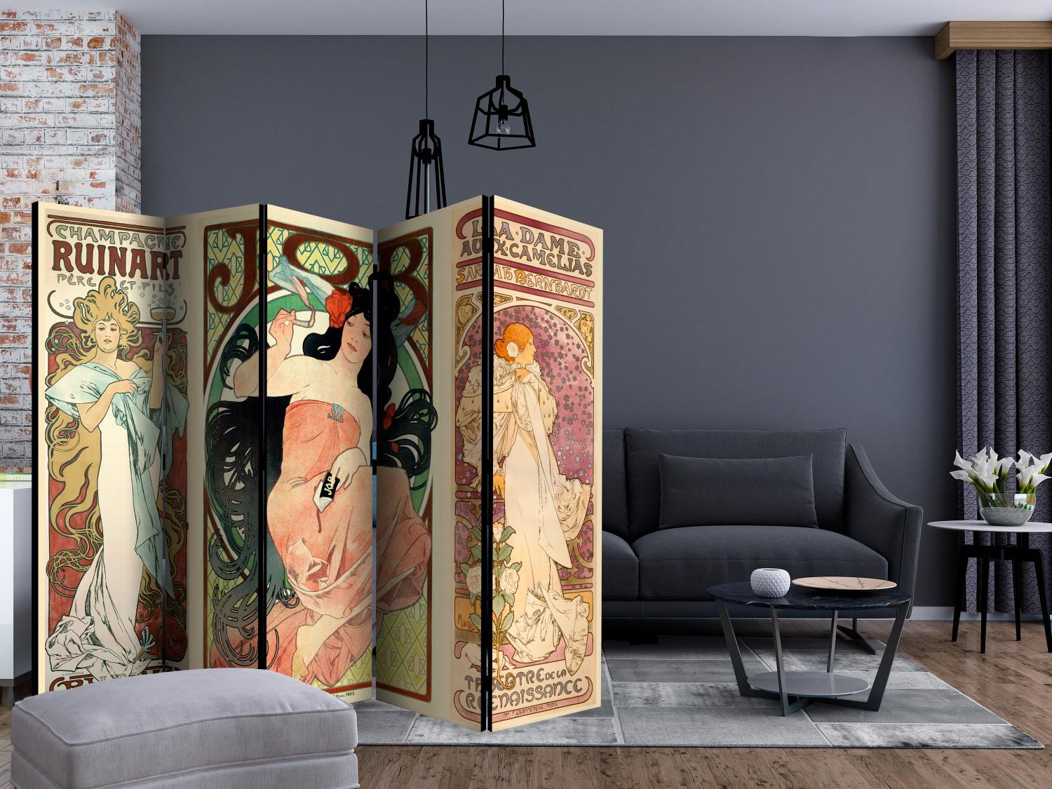 Room Divider Alphonse Mucha: Women II (5-piece) - colorful pattern with inscriptions