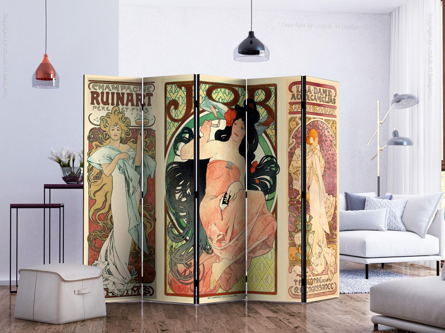 Room Divider Alphonse Mucha: Women II (5-piece) - colorful pattern with inscriptions