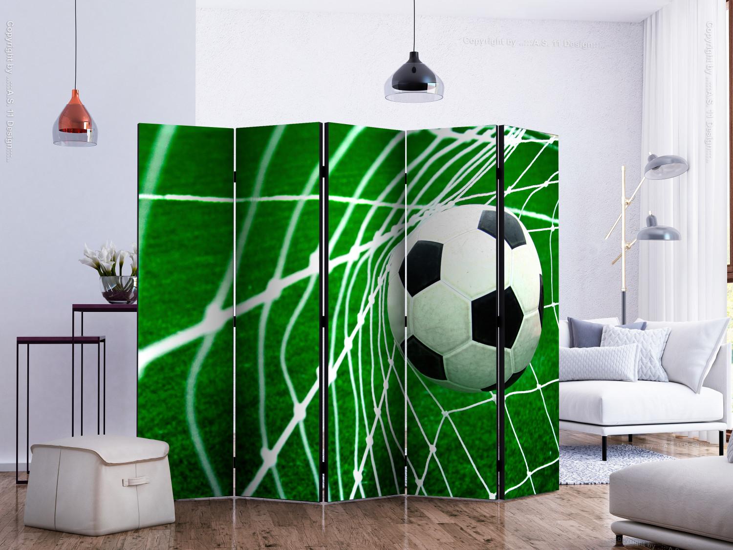 Room Divider Goool! II (5-piece) - soccer ball against a white net and turf