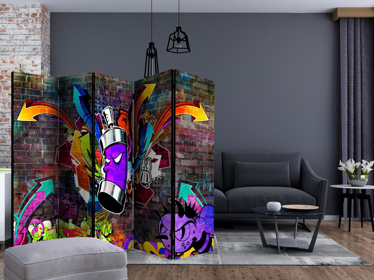 Room Divider Graffiti: Colorful Attack II (5-piece) - street mural on a brick background