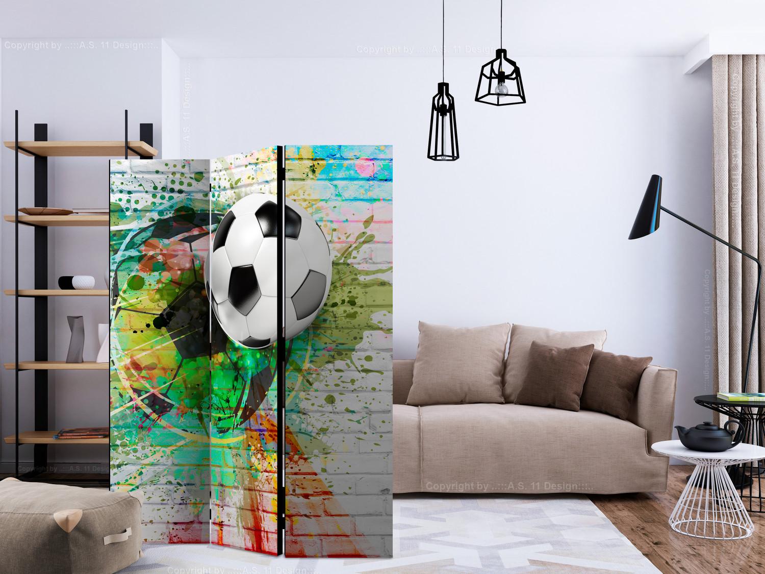 Room Divider Colorful Sport (3-piece) - soccer against a background of colors and light brick