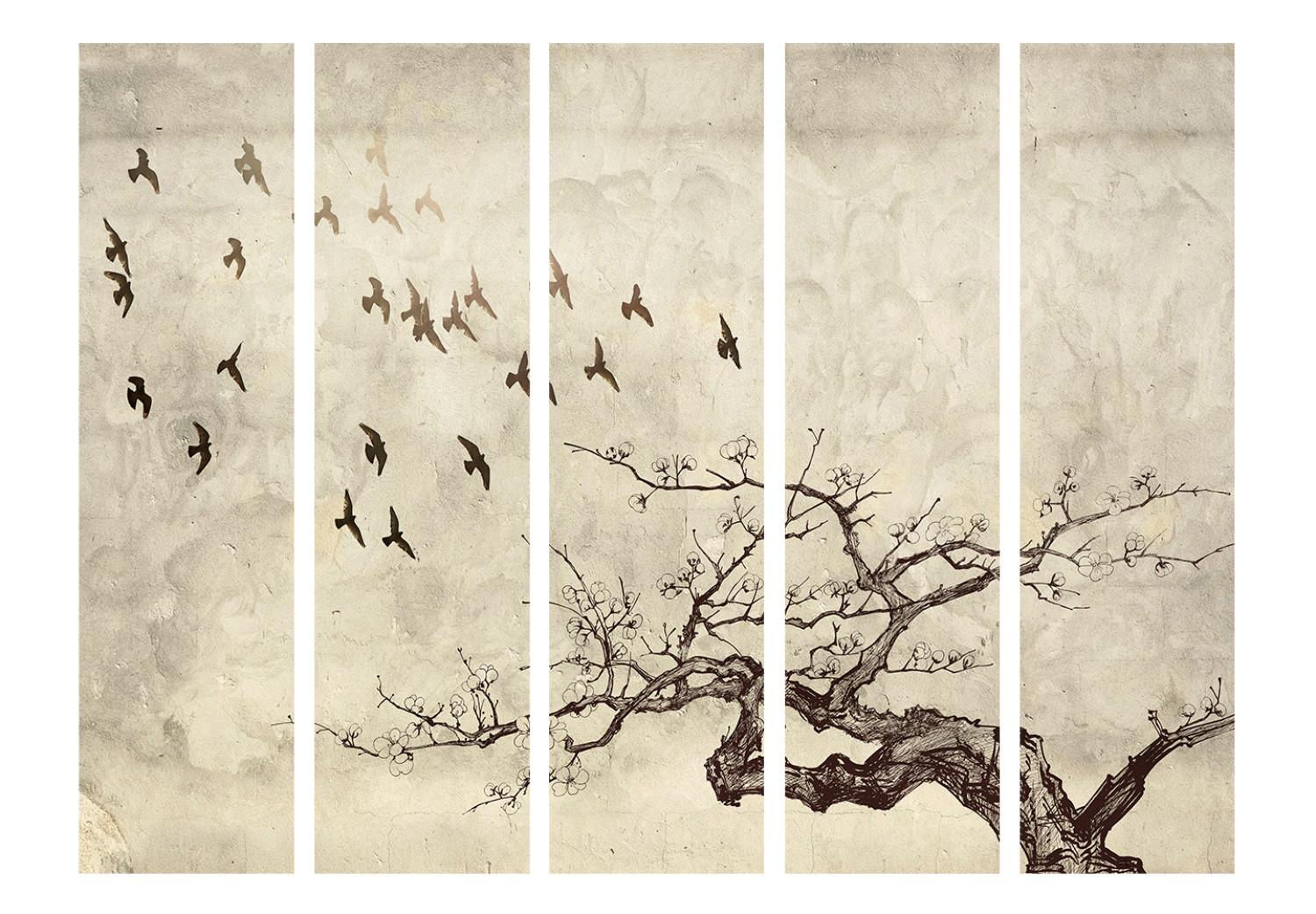Room Divider Flock of Birds II (5-piece) - birds flying over a blossoming tree