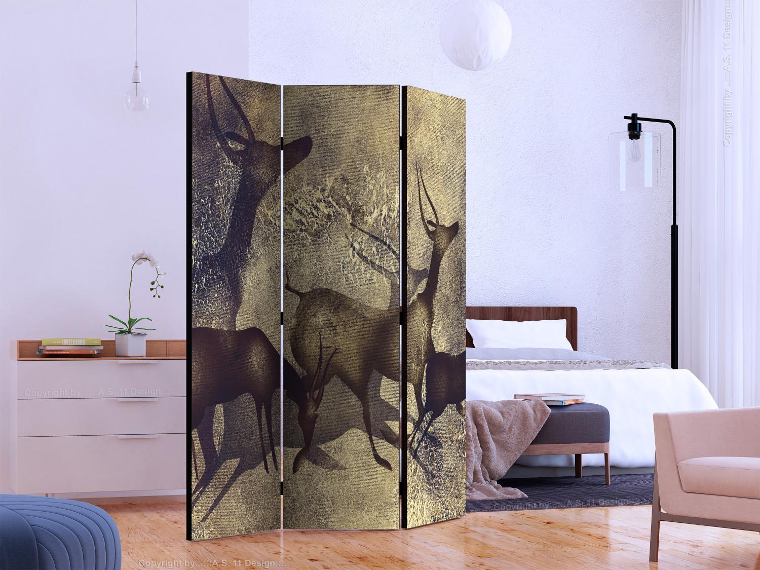 Room Divider Antelopes (3-piece) - silhouettes of wild animals in browns and beiges