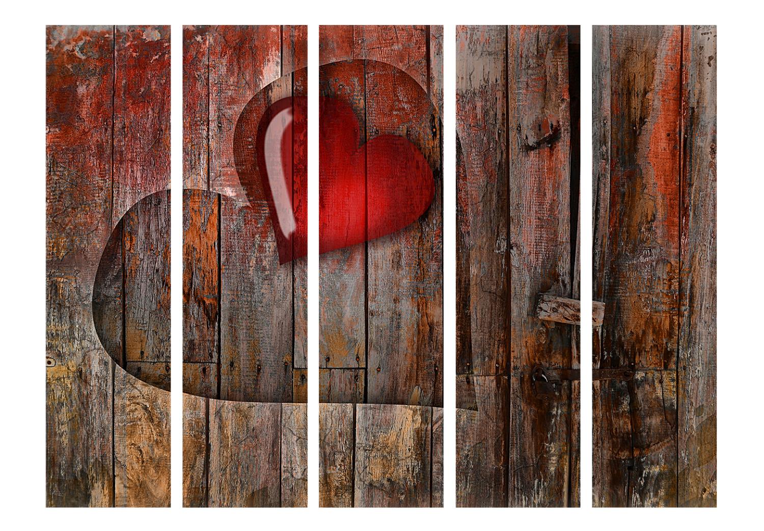 Room Divider Heart Engraved in Wood II (5-piece) - retro composition in boards