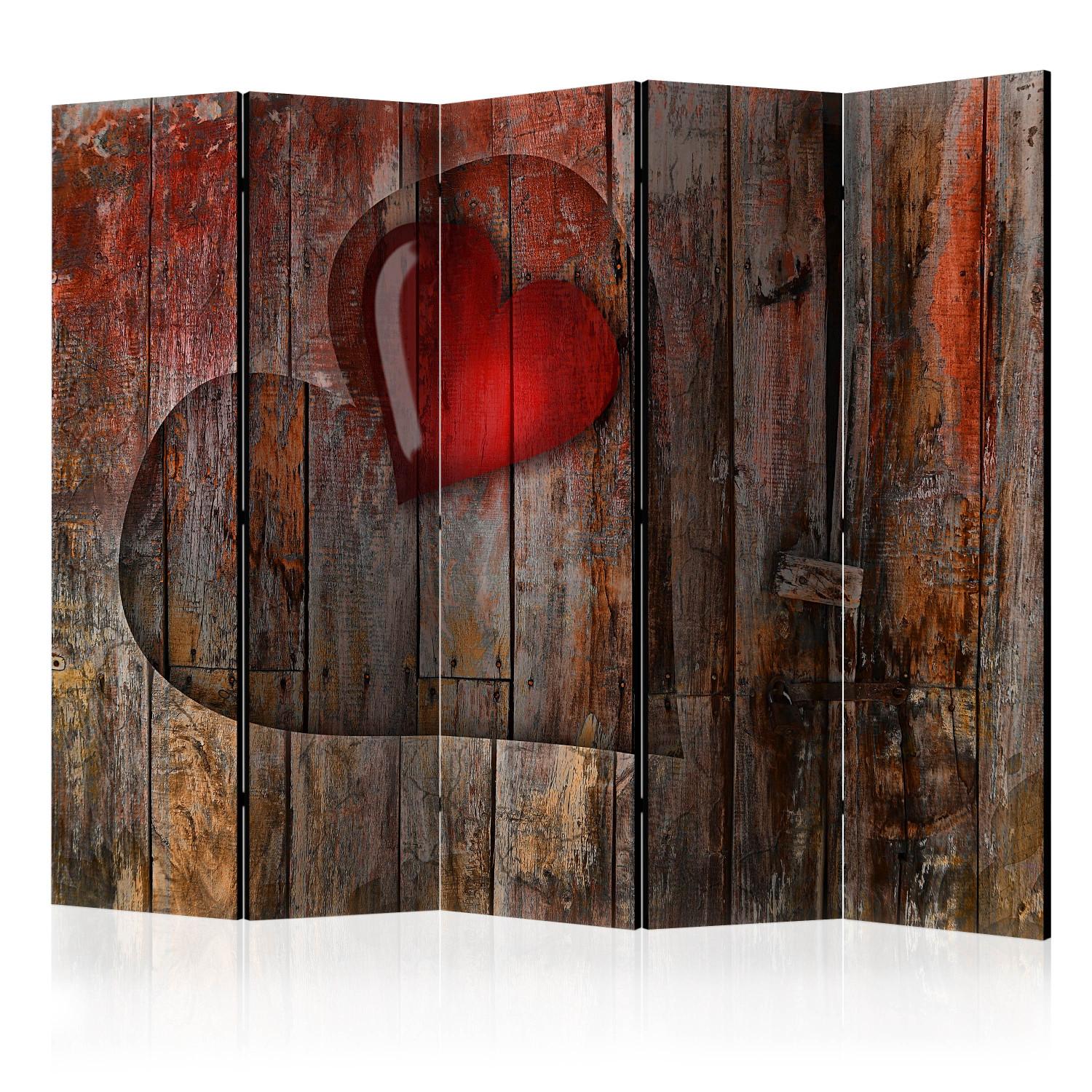 Room Divider Heart Engraved in Wood II (5-piece) - retro composition in boards