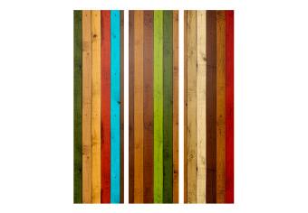 Room Divider Wooden Rainbow (3-piece) - composition with colorful stripes on planks