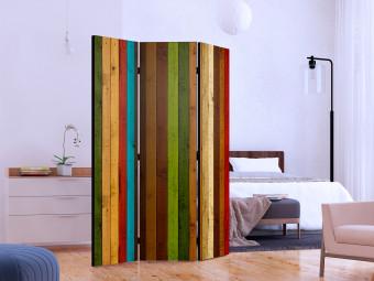 Room Divider Wooden Rainbow (3-piece) - composition with colorful stripes on planks