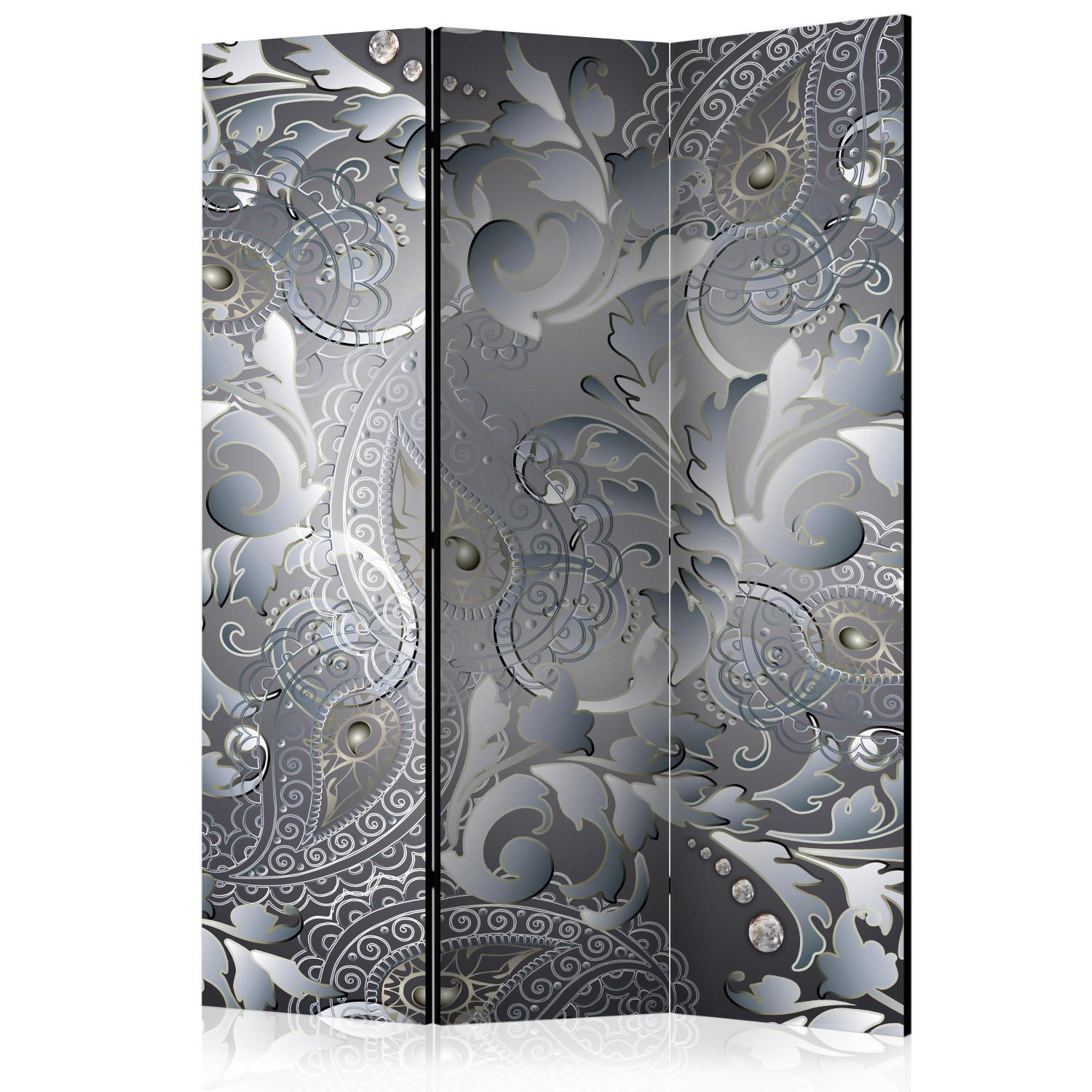 Room Divider Oriental Design (3-piece) - gray abstraction in floral ornaments