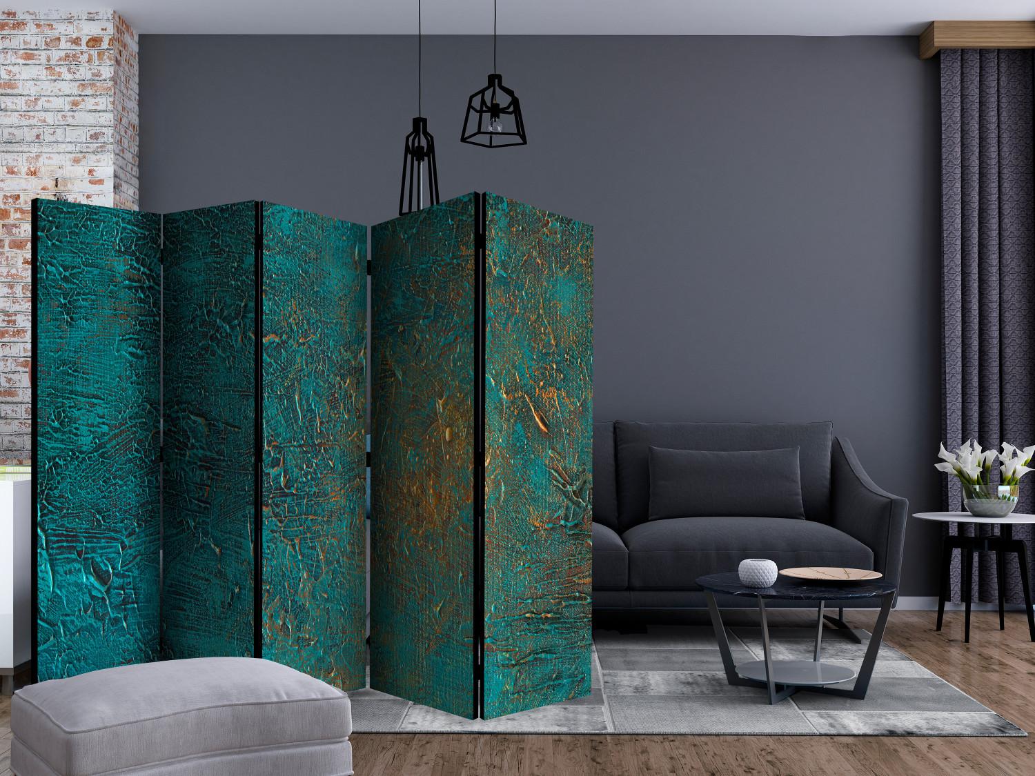 Room Divider Azure Mirror II - abstract blue texture with golden accent