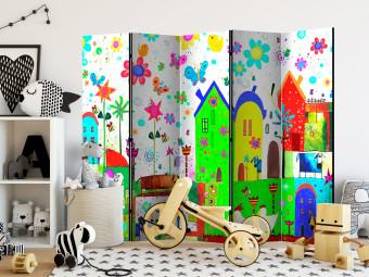 Room Divider Happy Farm II - colorful house architecture with flowers and animals