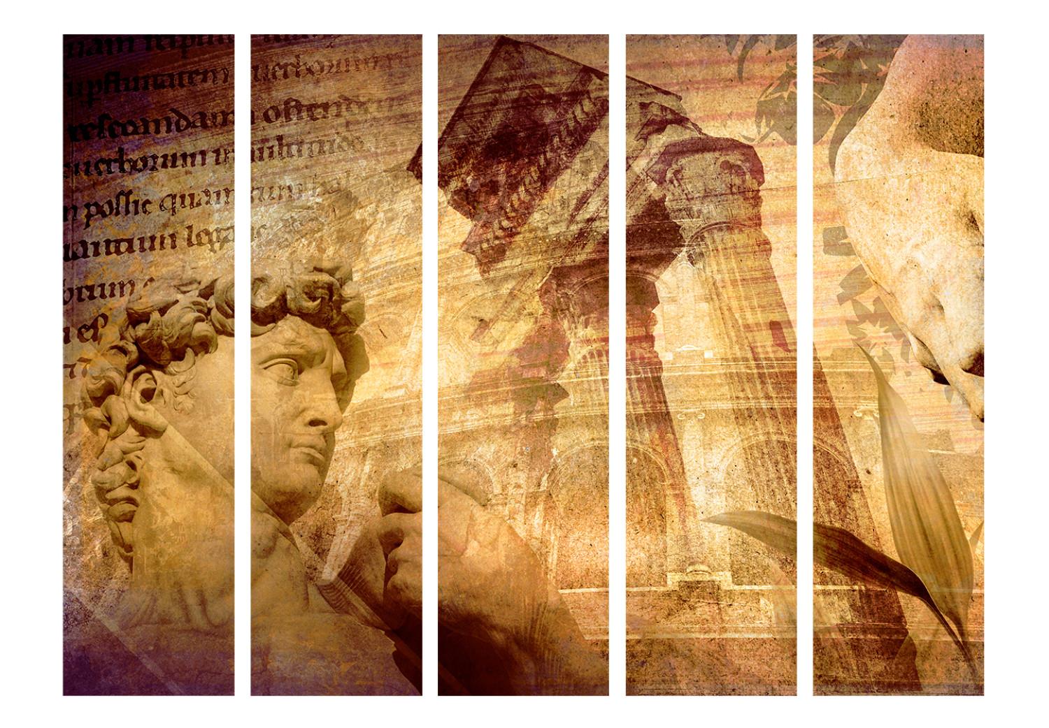Room Divider Greek Collage II - brown composition of inscriptions and sculptures against a column backdrop