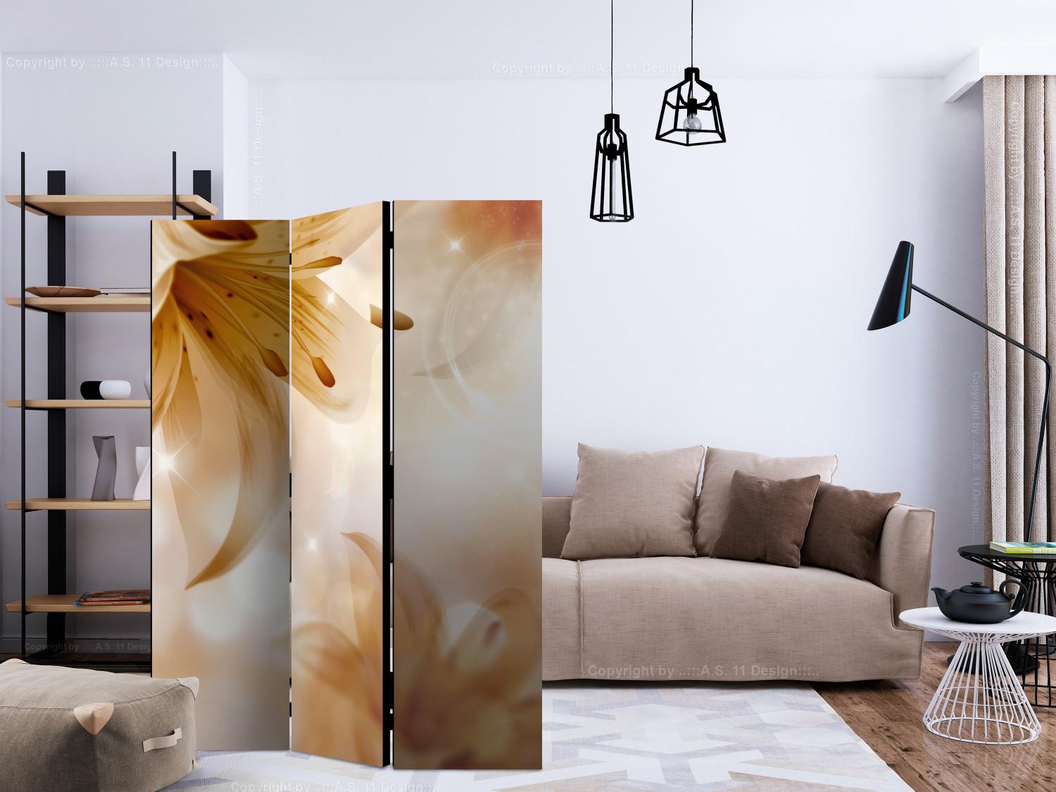 Room Divider Golden Years - illusion of beige lily flowers on an abstract background