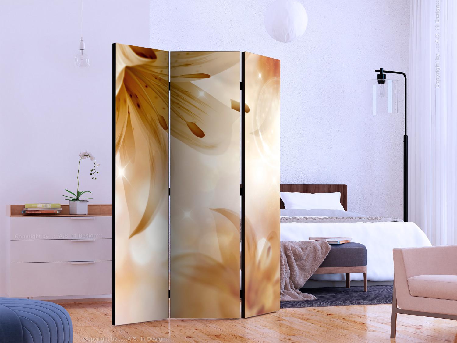 Room Divider Golden Years - illusion of beige lily flowers on an abstract background