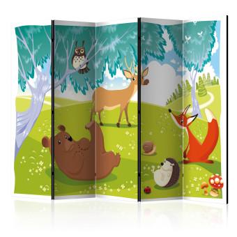 Room Divider Happy Animals II - colorful forest animals next to a tree in a meadow