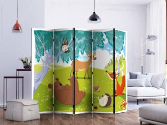 Room Divider Happy Animals II - colorful forest animals next to a tree in a meadow