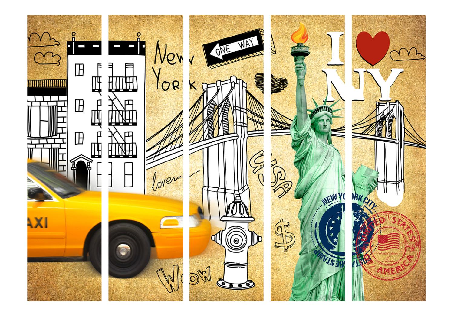 Room Divider One Way - New York II - yellow car and signs on a creative pattern