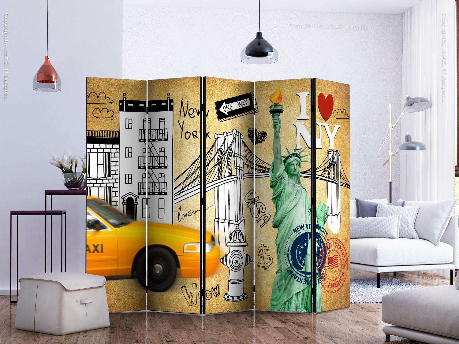 Room Divider One Way - New York II - yellow car and signs on a creative pattern