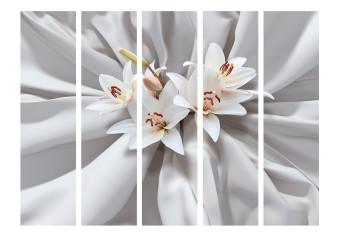 Room Divider Sensual Lilies II - lily flowers on a background of white luxury fabric