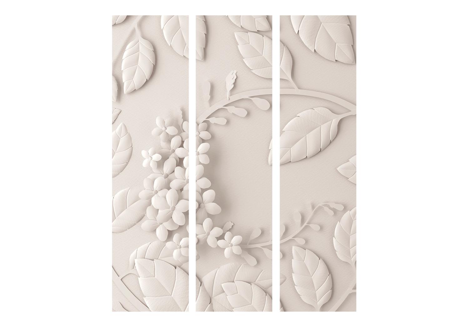 Room Divider Paper Flowers (Cream) - plant motif in 3D illusion on a beige background