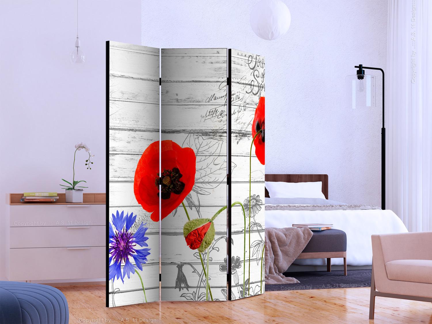 Room Divider Meadow Flowers - red poppy flowers on a background of white wooden planks