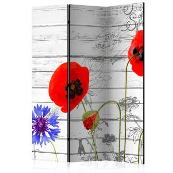 Room Divider Meadow Flowers - red poppy flowers on a background of white wooden planks